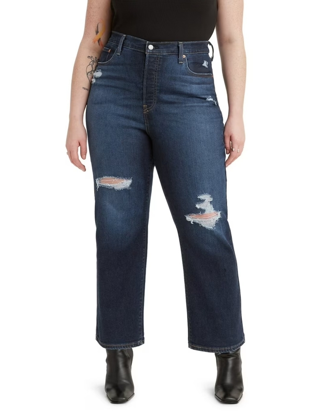 Levis Ribcage Distressed Straight Jeans - Dark Blue